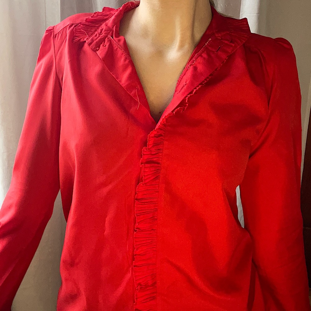 Vintage red satin blouse. Size small. Ruched edges.